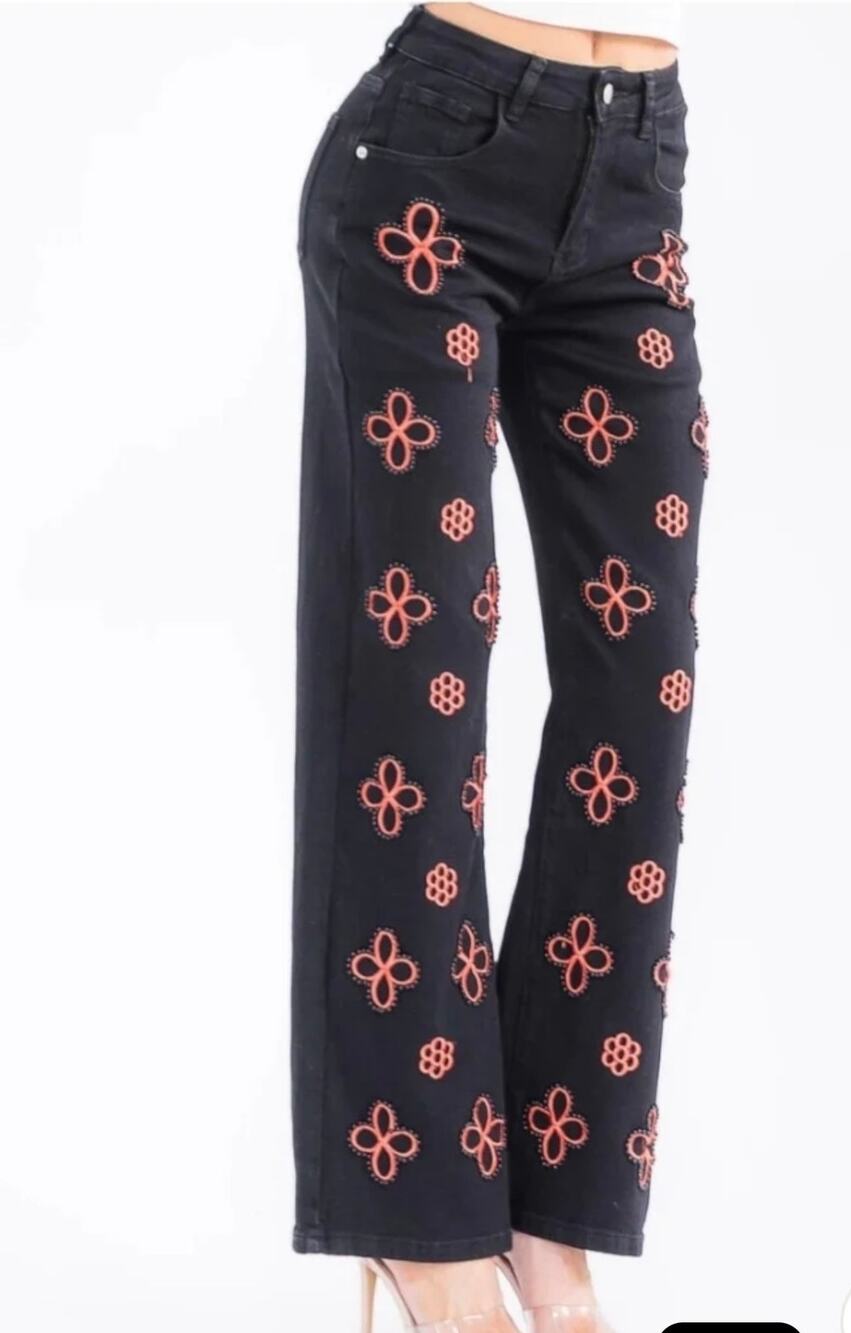 Peekskill Pearl Bloom Cutout Black pants orange flower wide leg jeans size L